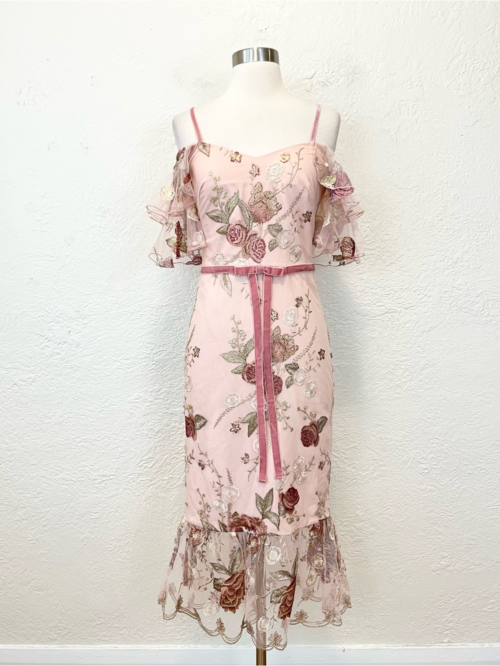 Marchesa Notte Dress Midi Blush Pink Floral Embroidered Ruffle Bow 2